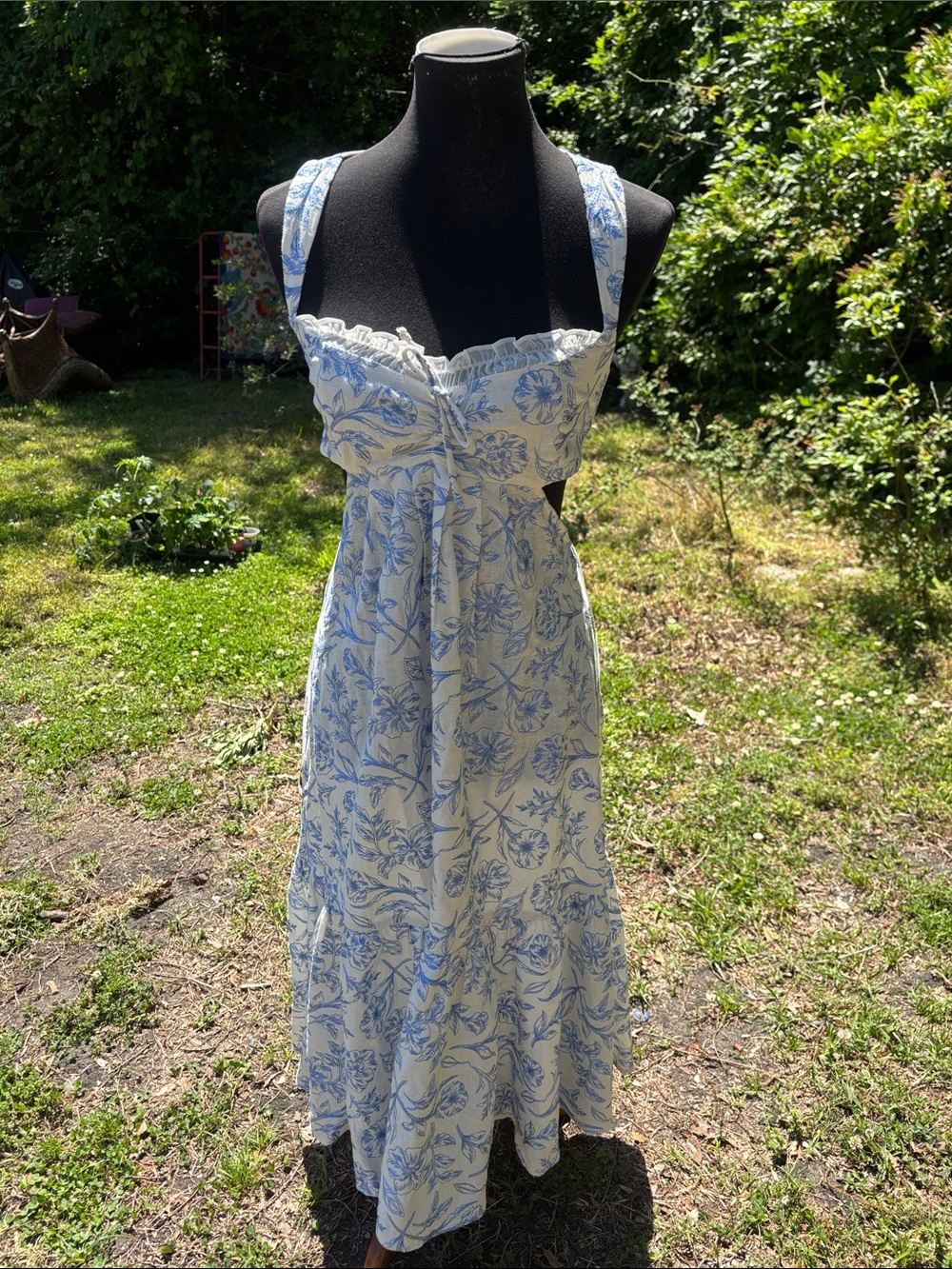 For Love & Lemons Blue and White Floral Backless Sundress
